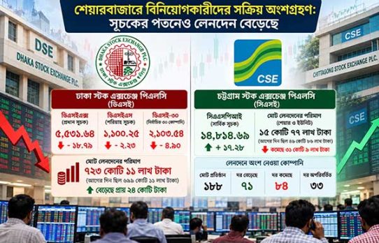 শেয়ারবাজারে বিনিয়োগকারীদের সক্রিয় অংশগ্রহণ: সূচকের পতনেও লেনদেন বেড়েছে
