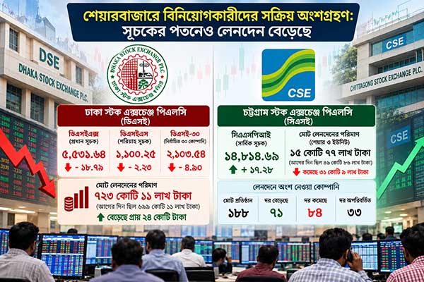 শেয়ারবাজারে বিনিয়োগকারীদের সক্রিয় অংশগ্রহণ: সূচকের পতনেও লেনদেন বেড়েছে